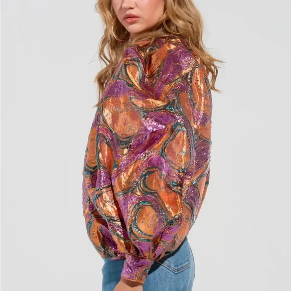 Colorful Brocade Long Sleeve Puff Blouse ✨ - Picture 3 of 7